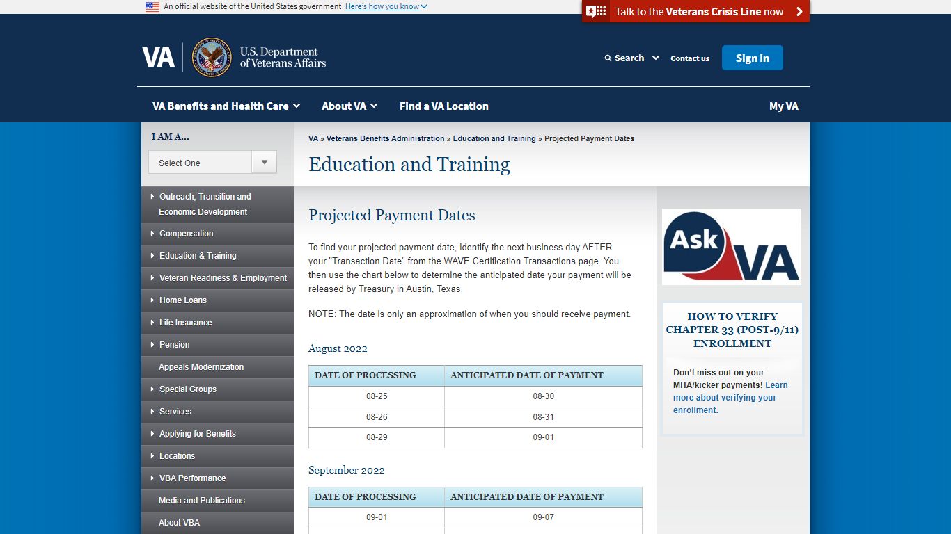 Projected Payment Dates - Education and Training - Veterans Affairs